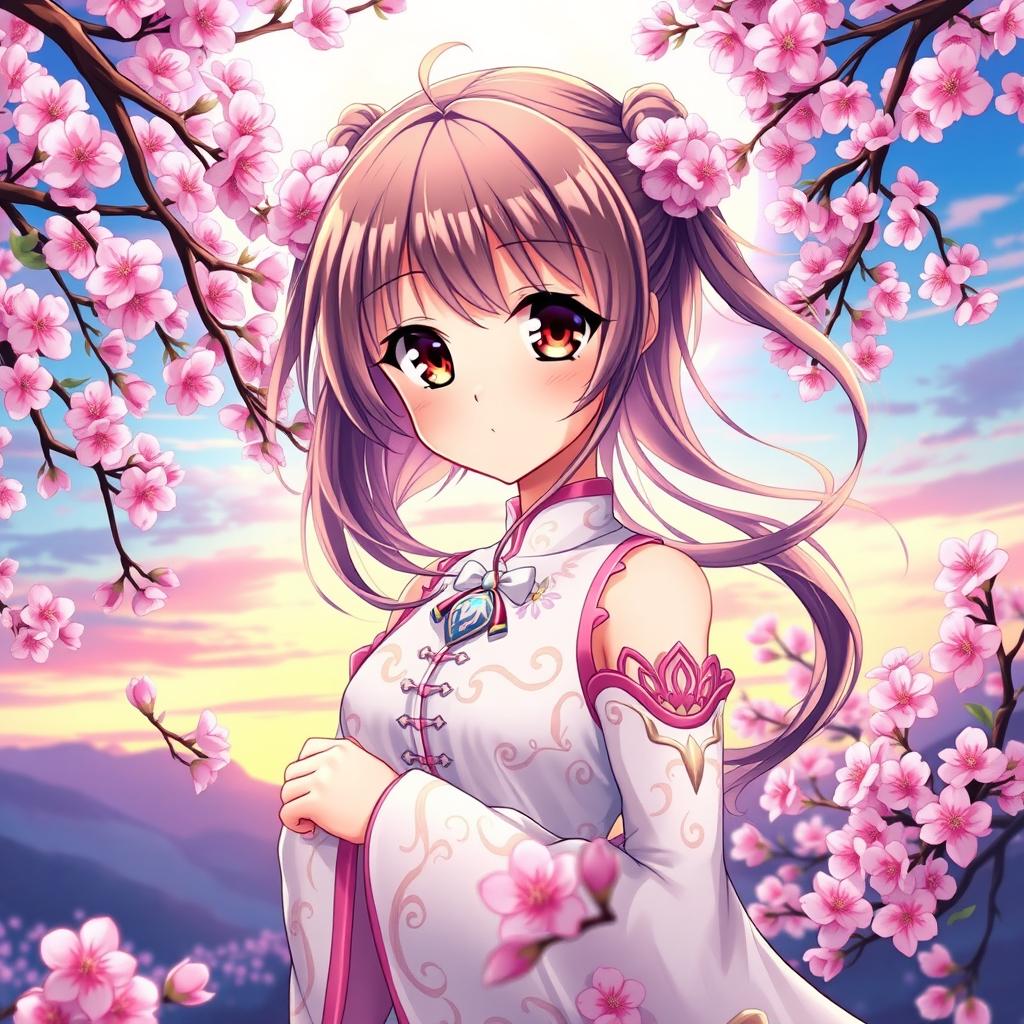 A stunning, beautiful anime character with large, expressive eyes and flowing hair, wearing an elegant, intricately detailed outfit adorned with floral patterns