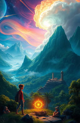 A stunning fantasy landscape showcasing a distant continent in space, featuring lush green forests, towering mountains, and crystal-clear waters