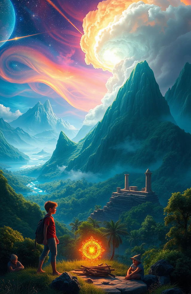 A stunning fantasy landscape showcasing a distant continent in space, featuring lush green forests, towering mountains, and crystal-clear waters