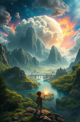 A stunning fantasy landscape showcasing a distant continent in space, featuring lush green forests, towering mountains, and crystal-clear waters