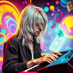 A surreal representation of Kurt Cobain, featuring him playing keyboards immersed in an 80s New Wave aesthetic