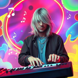 A surreal representation of Kurt Cobain, featuring him playing keyboards immersed in an 80s New Wave aesthetic
