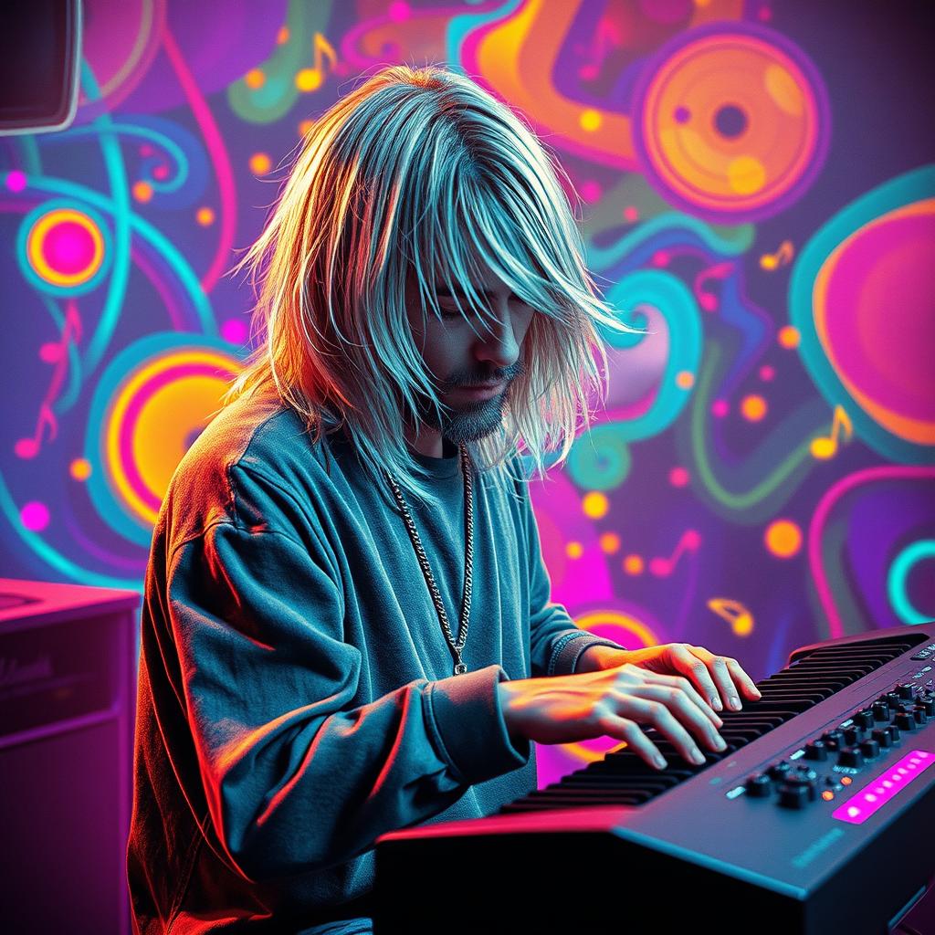 A surreal representation of Kurt Cobain, featuring him playing keyboards immersed in an 80s New Wave aesthetic