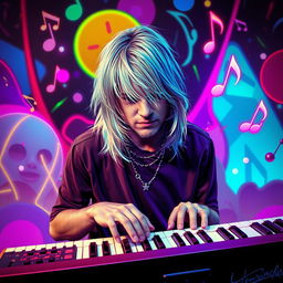A surreal representation of Kurt Cobain, featuring him playing keyboards immersed in an 80s New Wave aesthetic