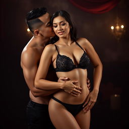 Two Indonesian men with pure white skin are affectionately hugging a stunning 28-year-old woman from behind, kissing her cheek in a tender yet passionate manner