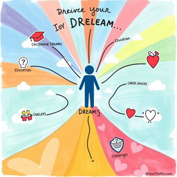 A creative graphic organizer centered around the theme of a person's life journey towards achieving their dreams