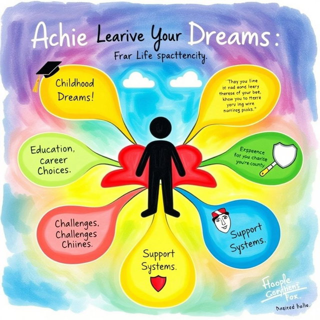 A creative graphic organizer centered around the theme of a person's life journey towards achieving their dreams