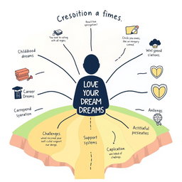 A creative graphic organizer centered around the theme of a person's life journey towards achieving their dreams