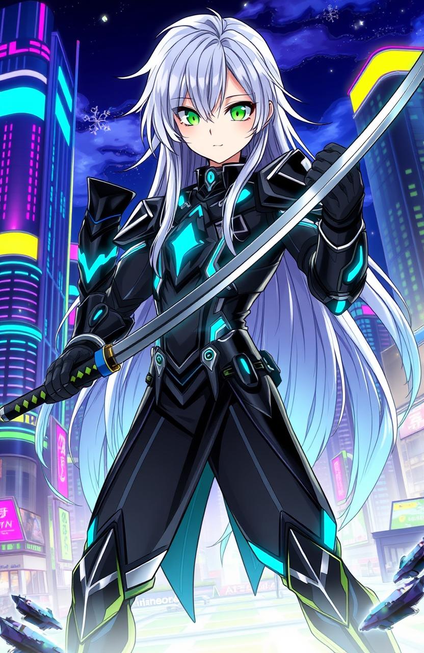 A stylish manhwa character with long silver hair and vivid green eyes, wearing a futuristic black armor with glowing blue accents