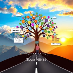 A creative graphic organizer showcasing a person's life path and their journey to achieving dreams
