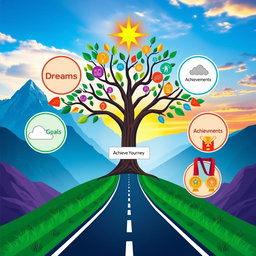 A creative graphic organizer showcasing a person's life path and their journey to achieving dreams