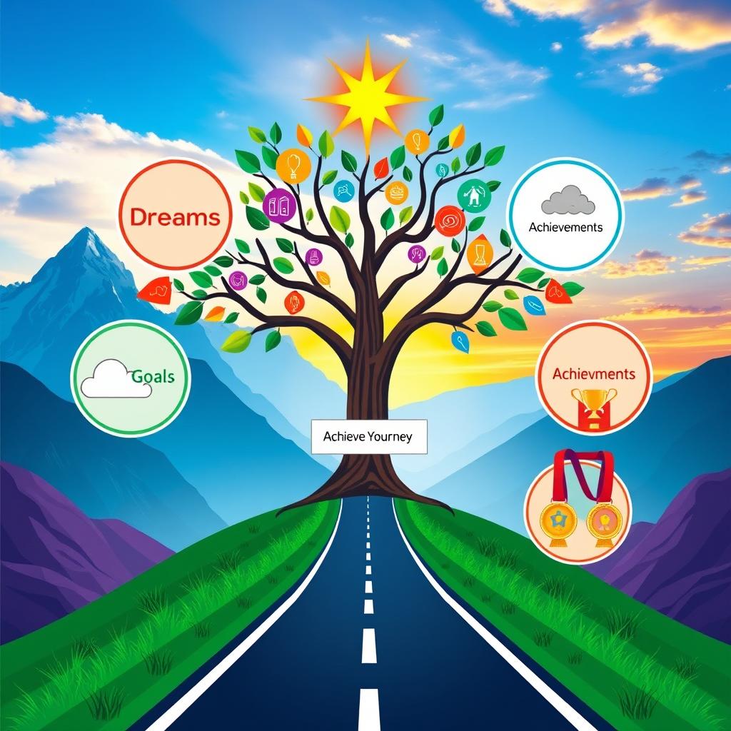 A creative graphic organizer showcasing a person's life path and their journey to achieving dreams