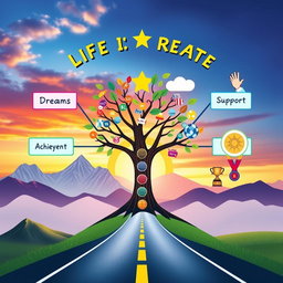 A creative graphic organizer showcasing a person's life path and their journey to achieving dreams