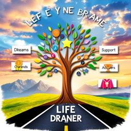 A creative graphic organizer showcasing a person's life path and their journey to achieving dreams