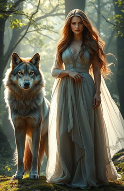 A stunning scene featuring a strong and confident woman with long flowing hair, standing tall beside a majestic wolf