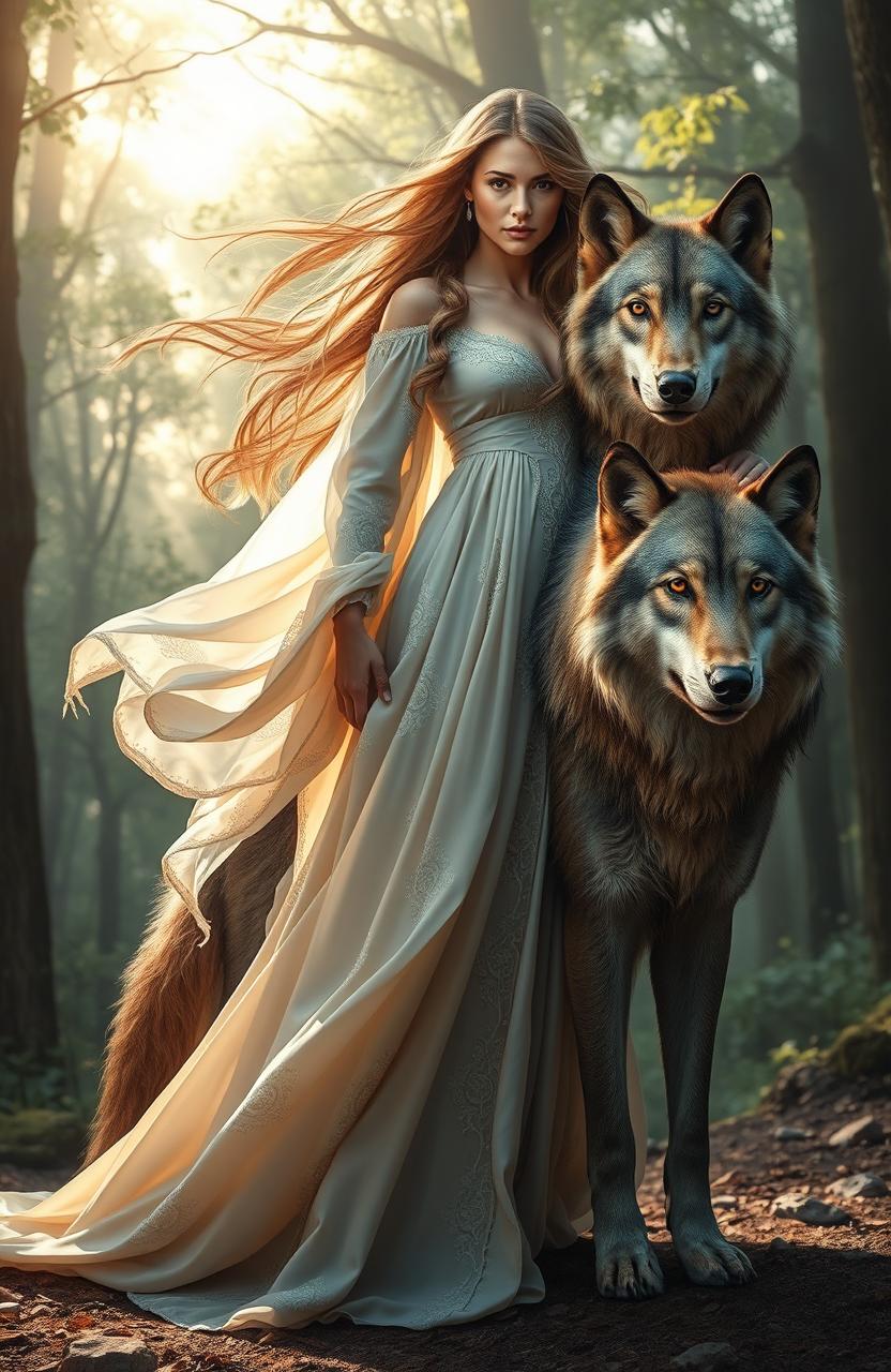 A stunning scene featuring a strong and confident woman with long flowing hair, standing tall beside a majestic wolf