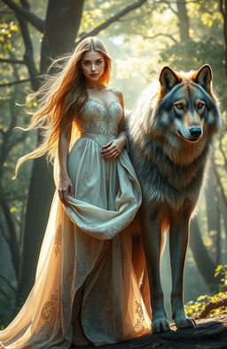 A stunning scene featuring a strong and confident woman with long flowing hair, standing tall beside a majestic wolf