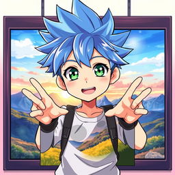 An anime-style boy with spiky hair standing behind a large picture, his hands extending in front of it