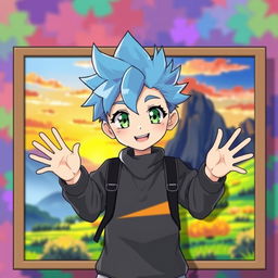 An anime-style boy with spiky hair standing behind a large picture, his hands extending in front of it