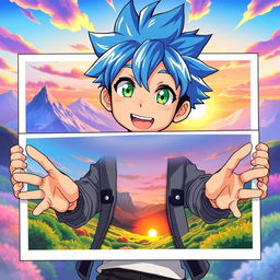 An anime-style boy with spiky hair standing behind a large picture, his hands extending in front of it