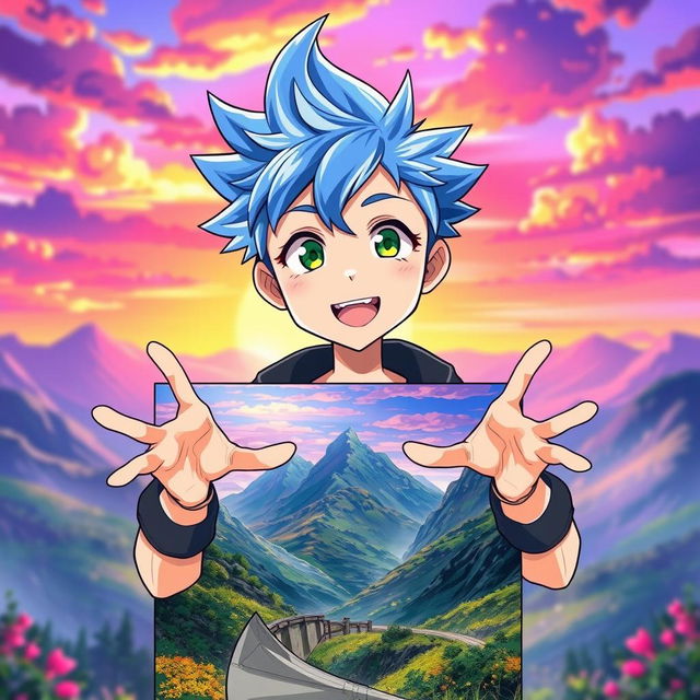 An anime-style boy with spiky hair standing behind a large picture, his hands extending in front of it