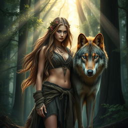 A captivating scene depicting a fierce and beautiful woman standing alongside a powerful wolf in a mystical forest setting