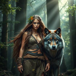 A captivating scene depicting a fierce and beautiful woman standing alongside a powerful wolf in a mystical forest setting