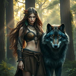 A captivating scene depicting a fierce and beautiful woman standing alongside a powerful wolf in a mystical forest setting