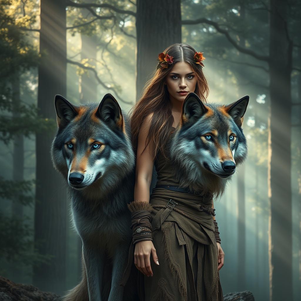 A captivating scene depicting a fierce and beautiful woman standing alongside a powerful wolf in a mystical forest setting