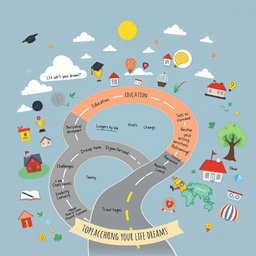 A creative graphic organizer depicting the life journey of a person striving to achieve their dreams
