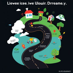 A creative graphic organizer depicting the life journey of a person striving to achieve their dreams