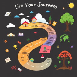 A creative graphic organizer depicting the life journey of a person striving to achieve their dreams