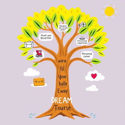 A creative graphic organizer illustrating an individual's life journey towards achieving their dreams