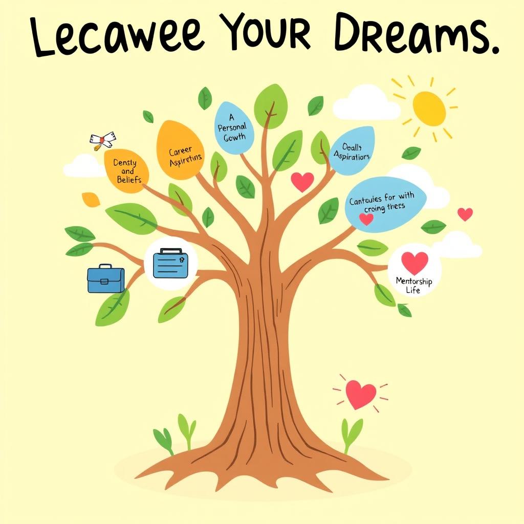 A creative graphic organizer illustrating an individual's life journey towards achieving their dreams