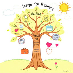 A creative graphic organizer illustrating an individual's life journey towards achieving their dreams
