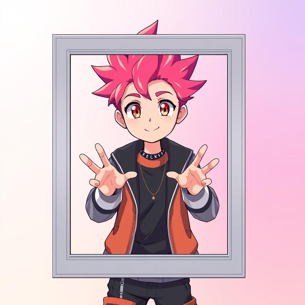 An anime-style boy with vibrant spiky hair, standing slightly behind a large picture frame that appears empty