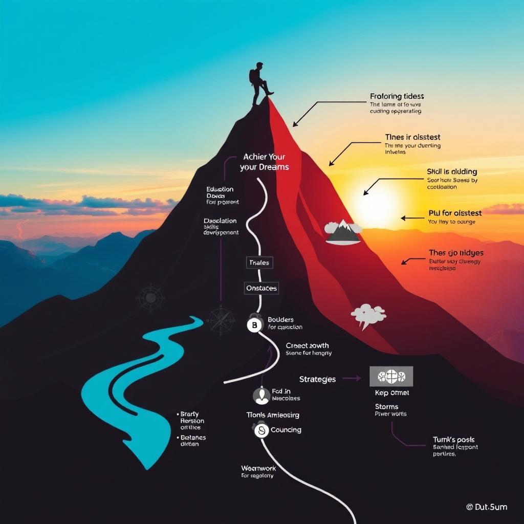 A creative graphic organizer designed to represent a person's life journey towards achieving their dreams, with an emphasis on overcoming obstacles