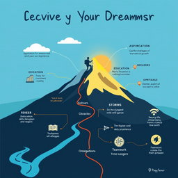 A creative graphic organizer designed to represent a person's life journey towards achieving their dreams, with an emphasis on overcoming obstacles