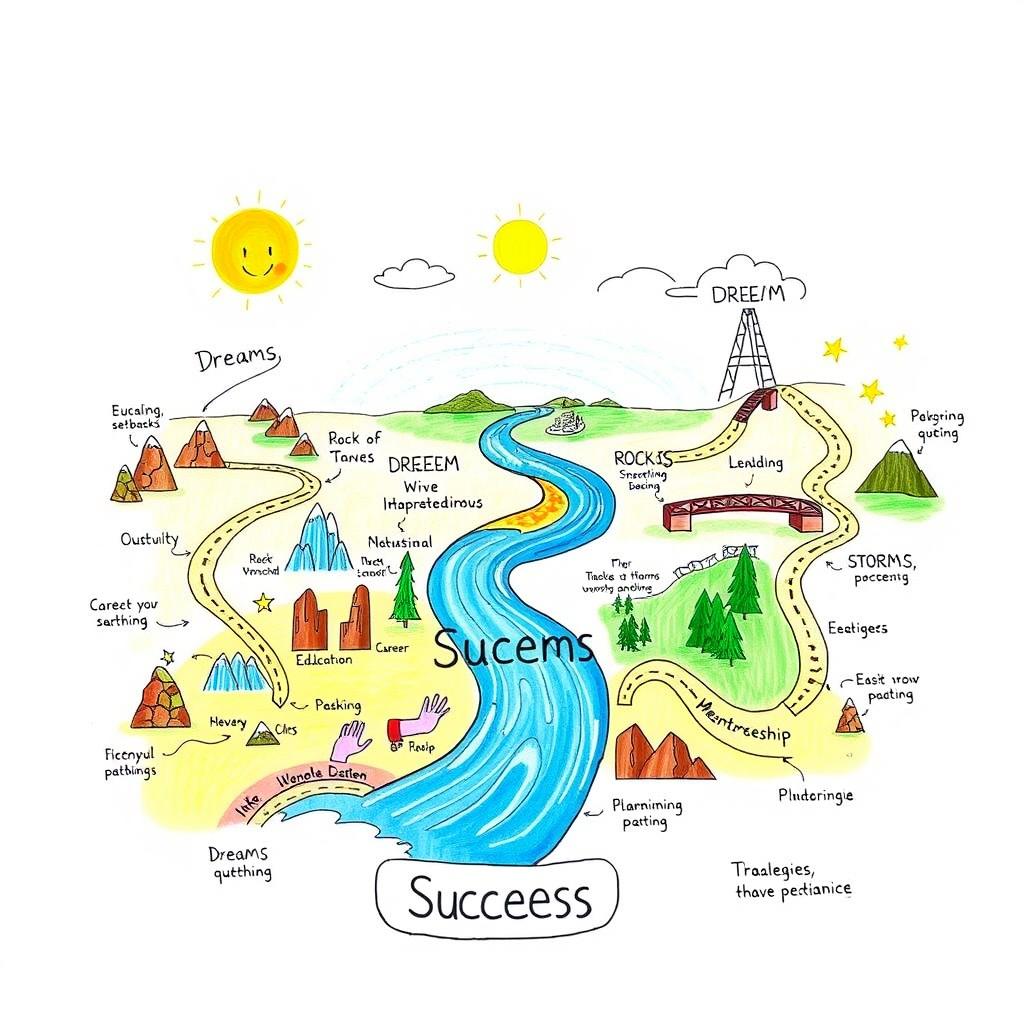 A creative graphic organizer that illustrates the life journey of a person working towards achieving their dreams, while also highlighting the obstacles they encounter along the way
