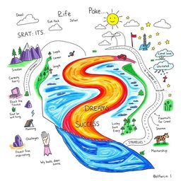 A creative graphic organizer that illustrates the life journey of a person working towards achieving their dreams, while also highlighting the obstacles they encounter along the way
