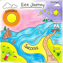 A creative graphic organizer that illustrates the life journey of a person working towards achieving their dreams, while also highlighting the obstacles they encounter along the way