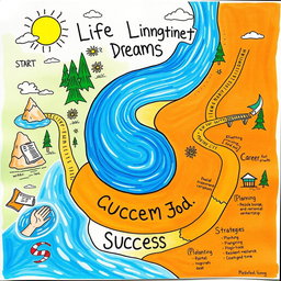 A creative graphic organizer that illustrates the life journey of a person working towards achieving their dreams, while also highlighting the obstacles they encounter along the way