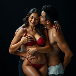 Two Indonesian men with pure white skin are affectionately hugging a stunning 28-year-old woman from behind, kissing her cheek in a tender yet thrilling manner