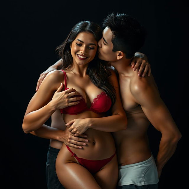 Two Indonesian men with pure white skin are affectionately hugging a stunning 28-year-old woman from behind, kissing her cheek in a tender yet thrilling manner