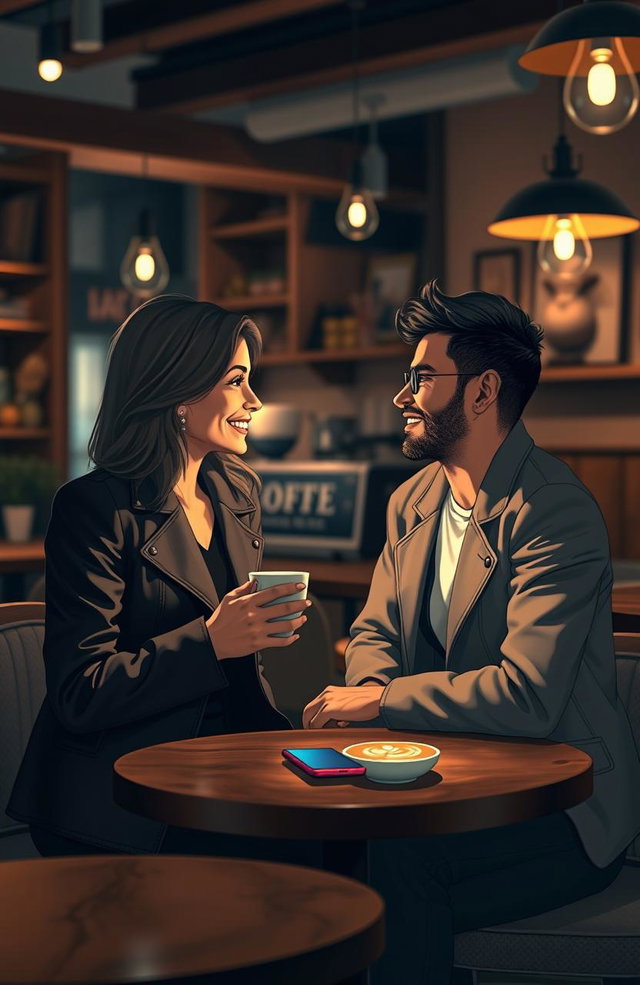 An enchanting romantic scene of two individuals meeting for the first time in a cozy café, both glancing at each other with smiles