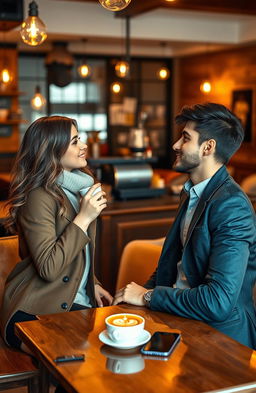 An enchanting romantic scene of two individuals meeting for the first time in a cozy café, both glancing at each other with smiles