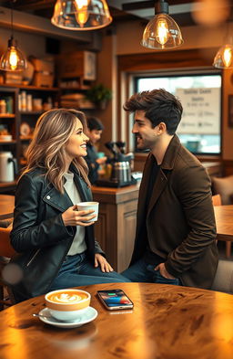 An enchanting romantic scene of two individuals meeting for the first time in a cozy café, both glancing at each other with smiles