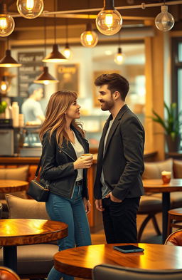 An enchanting romantic scene of two individuals meeting for the first time in a cozy café, both glancing at each other with smiles