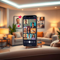 A modern and colorful depiction of a mobile phone screen displaying an engaging dating app interface