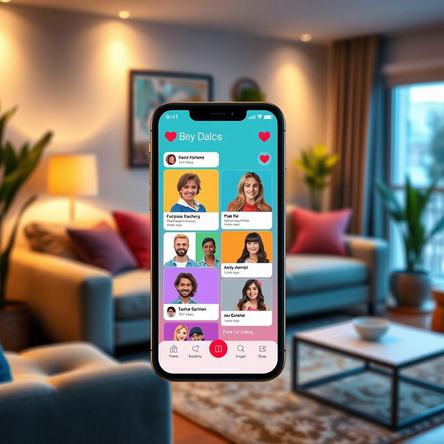 A modern and colorful depiction of a mobile phone screen displaying an engaging dating app interface